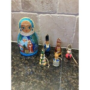 Vintage Christmas Hand-Painted Doll w/Wooden Ornaments by G. DeBrekht